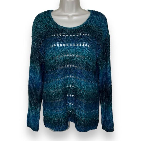 Chicos Open Weave Ombre Stripe Green Blue Scoop Neck Sweater Women Size Medium - Picture 1 of 12